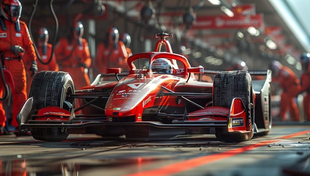 A red race car sits in a garage as mechanics work on it, focusing on the tires and wheels. The vehicles sleek automotive design hints at its racing capabilities