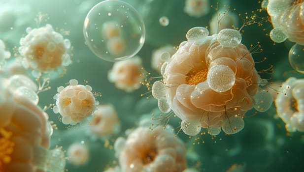 A mesmerizing group of jellyfish gracefully drifts through the underwater world, resembling beautiful flowers in a magical marine biology display