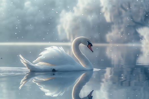A white swan gracefully glides on the liquid surface of a lake on a snowy day, showcasing its elegant feathered body and Majestic beak