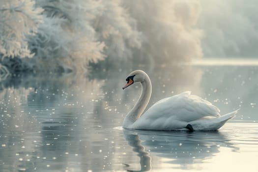 A white swan gracefully swims in the misty lake, surrounded by ducks, geese, and the tranquil natural landscape. Its elegant feather glistens in the water