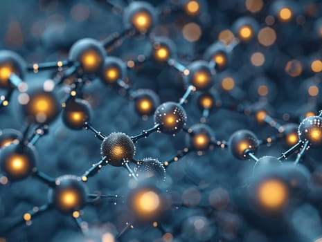 A closeup of a molecular structure resembling an organism with glowing balls on an electric blue background, creating an intricate pattern and symmetry, resembling a piece of liquid jewellery