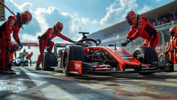 A group of men are working on a race car at a race track, surrounded by asphalt and under the cloudy sky. They are focused on automotive design and preparing the vehicle for motorsport racing