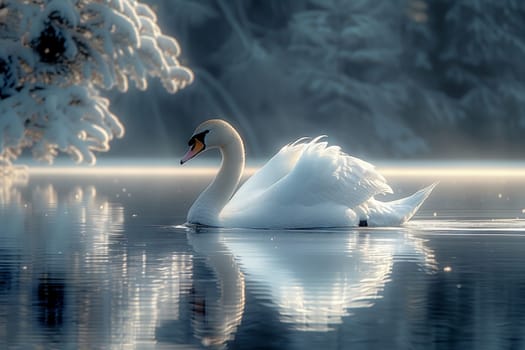 A white bird with a long beak is gracefully gliding through the liquid water of a lake, with snowcovered trees in the background creating a picturesque natural landscape