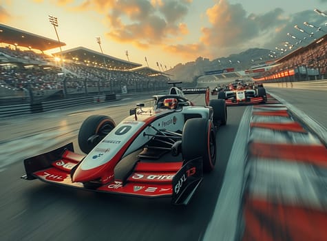 A car speeds around a race track under a colorful sky at sunset, tires gripping the pavement as the sleek vehicle showcases its automotive design
