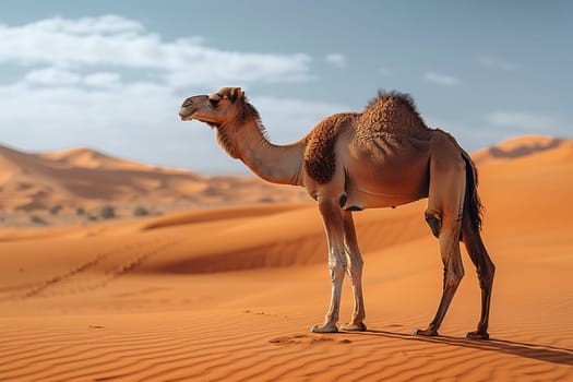 A Camel, a terrestrial animal, is standing in the middle of an erg desert landscape under the clear sky with no clouds in sight