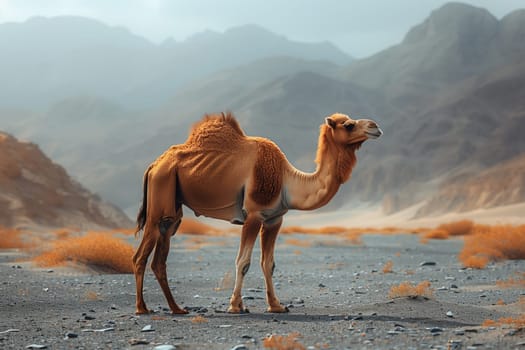 A Camel, a terrestrial animal and working animal, stands in a desert ecoregion with mountains in the background. Its adaptation allows it to thrive in this landscape