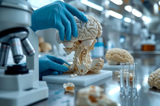 a person is holding a model of a brain in front of a microscope . High quality