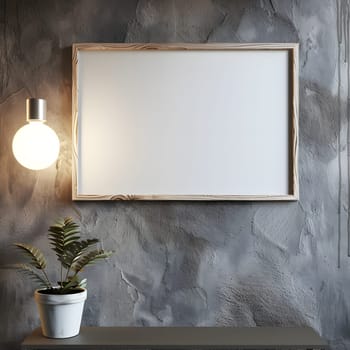 A rectangular wooden picture frame hangs on the wall next to a houseplant in a flowerpot. The hardwood frame is illuminated by a lamp, creating tints and shades in the lighting of the room