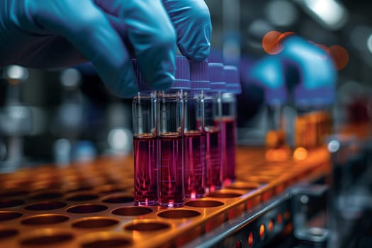 A person is holding a test tube with electric blue liquid in a science laboratory, experimenting with a new solution for entertainment purposes