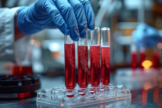 The scientist is carefully studying a test tube containing a red liquid in the laboratory, possibly a solution or fluid for an experiment