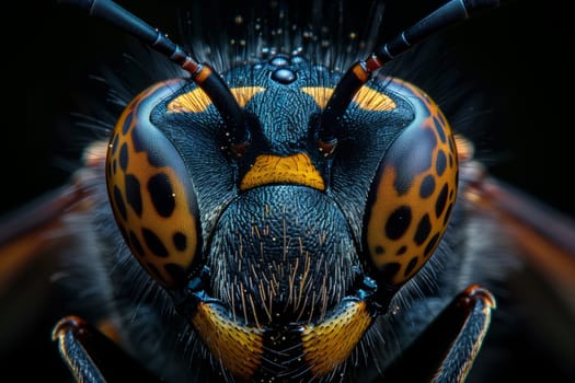 a close up of a wasp s face on a black background . High quality