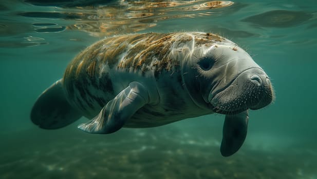 A carnivorous organism with a seallike body, whiskers, and a snout, the manatee is a marine biology marvel swimming fluidly underwater in the ocean
