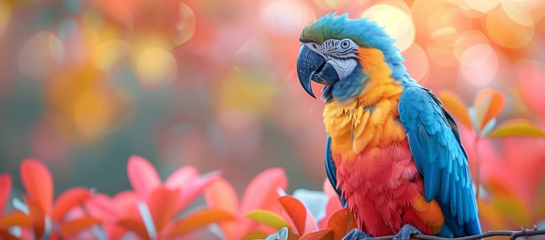 A vibrant macaw parrot is gracefully perched on a branch, its colorful feathers shining beautifully in the sunlight