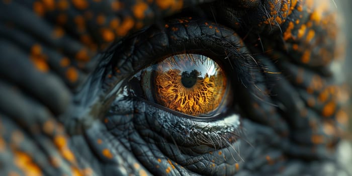 Macro photography captures the electric blue eye of a terrestrial animal, resembling that of a scaled reptile or crocodile, showcasing the intricate details of wildlife in its natural habitat