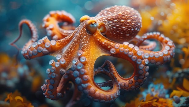 An electric blue octopus gracefully moves through the underwater world near a vibrant coral reef, surrounded by marine invertebrates and diverse marine organisms