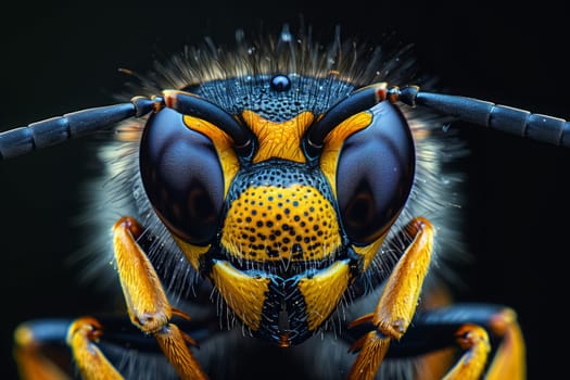 A closeup of a pollinating insect, the wasp, with its distinct snout and arthropod features, on a black background showcasing the intricate details of this terrestrial animal organism