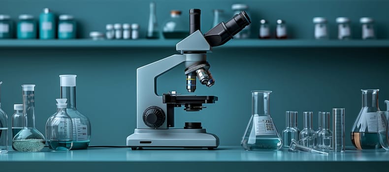 a microscope is sitting on a shelf next to beakers and bottles . High quality