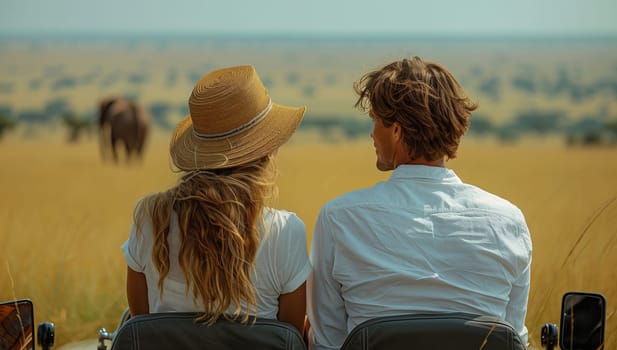 A man and a woman are enjoying the landscape, sharing a fun event as they sit in a vehicle in the middle of a field, wearing sun hats, looking at elephants under the sunny sky