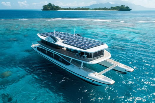 Eco-friendly solar-powered ship cruising on calm ocean, showcasing clean energy and sustainable travel in modern maritime industry.