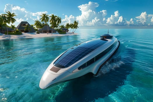 Eco-friendly solar-powered vessel cruising on crystal-clear waters by a palm-lined paradise. Sustainable travel and green energy concept.