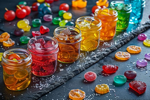 Assorted jelly candies in glass jars on a dark surface with spilled sugar. Concept of sweetness, indulgence, and colorful confections.