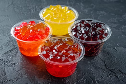 Close-up of assorted colorful marmalade jelly in transparent cups, displayed on dark slate surface. Concept of sweet treats and dessert variety.