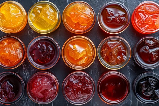 Collection of assorted marmalade in glass jars presented on dark slate background, capturing vibrant colors and variety of flavors.