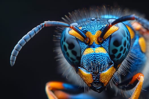 Macro photography of an electric blue wasps colorful head, showcasing the symmetry and beauty of this invertebrate organism. The black background highlights its intricate features