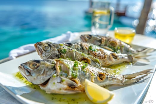 Fresh grilled fish appetizers on white plate with sea backdrop setting perfect scenery for seaside dining and culinary enjoyment.
