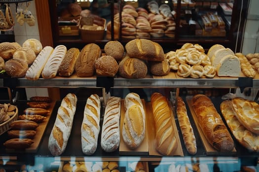 Variety of freshly baked bread on display in bakery shop. Assorted loaves behind glass showcasing artisan baking. Concept of small business and fresh food.