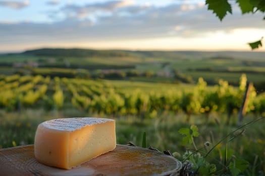 Artisan Camembert cheese rests on rustic wooden board with lush vineyard landscape in soft sunset light, capturing essence of countryside gourmet lifestyle.
