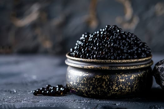 Gourmet black sturgeon caviar presented in decorative vintage bowl, set against a moody, dark textured backdrop, embodying luxury and fine dining.