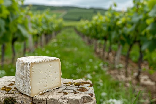 Close up of artisanal camembert cheese set against lush vineyard background, symbolizing gourmet food and fine wine pairing.