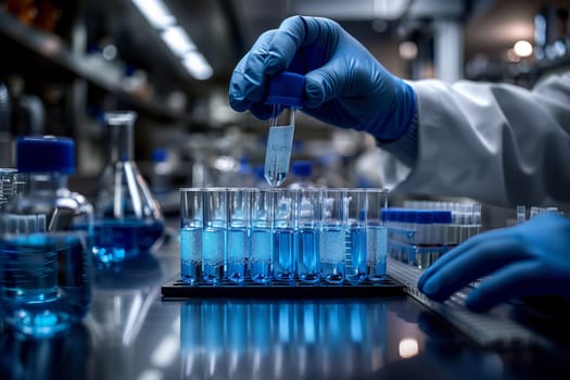 The scientist is pouring blue liquid into a test tube in a laboratory to create an electric blue solution. The fluid is being transferred from a bottle to produce a new product