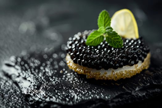 Close-up of luxurious black sturgeon caviar on crisp cracker garnished with lemon slice and mint, served on dark slate background, fine dining concept.