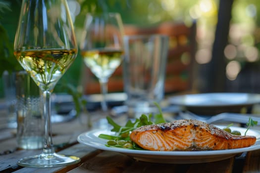 Elegant outdoor dining scene with grilled salmon and white wine glasses on a rustic wooden table, captured in natural light.