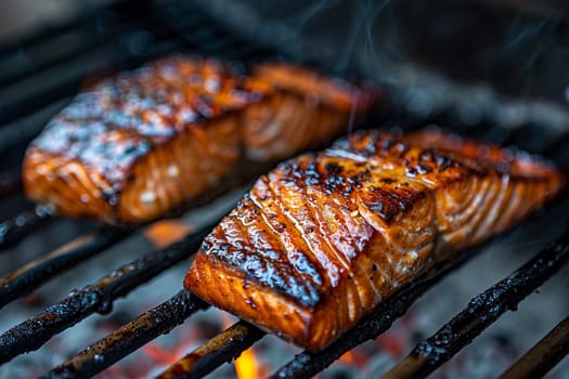 Close-up juicy salmon steaks grilling to perfection, complemented by white wine for a delightful meal. Outdoor cooking, gourmet seafood flavors captured in vibrant detail.