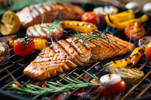 Close-up of grilled salmon fillets and fresh vegetables on grill, capturing flavor and texture in outdoor cooking.
