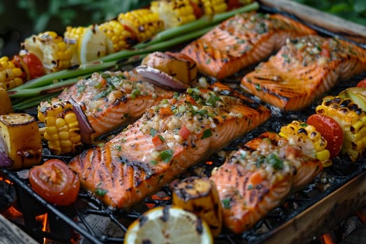 Fresh salmon fillets with seasoned vegetables grilled to perfection over flames, ideal for summer cookouts and healthy lifestyle. Close-up shot capturing flavors and vibrant colors.