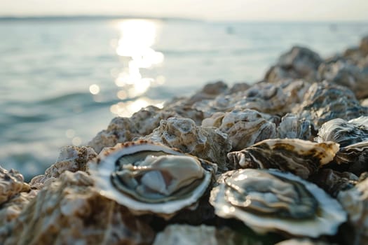 Close-up of succulent fresh oysters nestled on a rocky shore with sunlight reflecting off the tranquil sea behind.