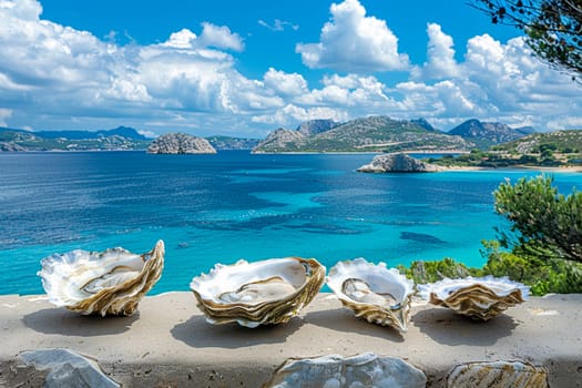 Close-up of assorted fresh oysters against a stunning seaside backdrop with clear blue waters and picturesque landscape under a sunny sky.