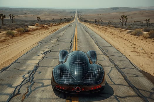 Innovative eco-friendly electric car utilizing solar power cruising on a desert highway under a clear sky, symbolizing sustainable energy and future technology in transportation.