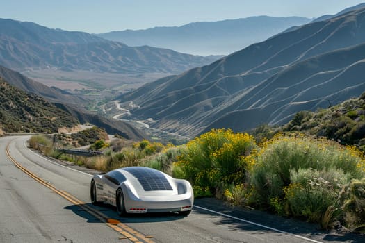 Innovative solar-powered electric car cruising down winding road amidst picturesque mountains under clear blue sky, showcasing green transportation technology.