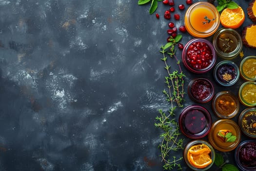 Assorted marmalade in jars spread over dark background, containing colorful fruit preserves viewed from above, concept of homemade sweetness and variety.