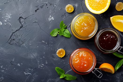 Top view of assorted marmalade in glass jars surrounded by fresh citrus fruits and mint leaves on dark textured background. Homemade sweet preserves concept.