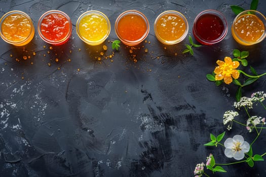 Overhead view of assorted marmalade in glass jars spread on dark textured background with vibrant flowers adding freshness
