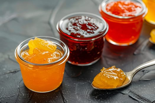 Colorful assortment of marmalade in jars scattered chaotically on a dark background, invoking a sweet and delicious mess.