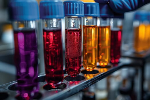 Multiple test tubes containing various colored liquids are displayed on a laboratory table, resembling a colorful array of ingredients for creating solutions