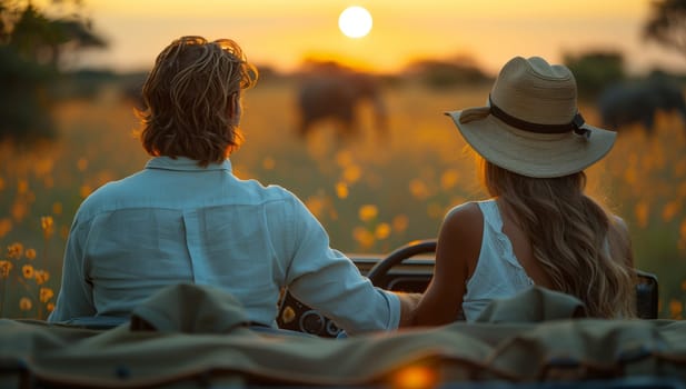 A man and woman in a car wearing sun hats, enjoying sunset while watching elephants in grass. They share a happy moment, gesturing and capturing photos with flash photography