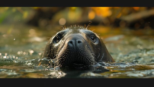 A carnivorous terrestrial animal with whiskers and a snout swimming in the liquid fluid of the water. A closeup capturing the marine mammal in its natural marine biology habitat